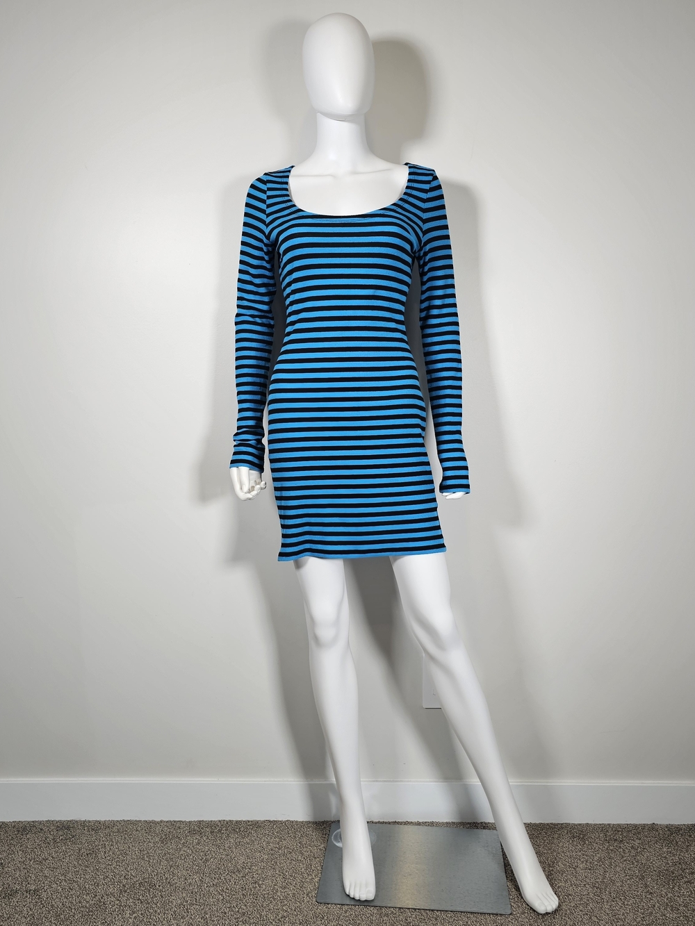 Betsey Johnson Blue and Black Striped Scoop Neck Mini Dress w/ Ruffle Back Sz L